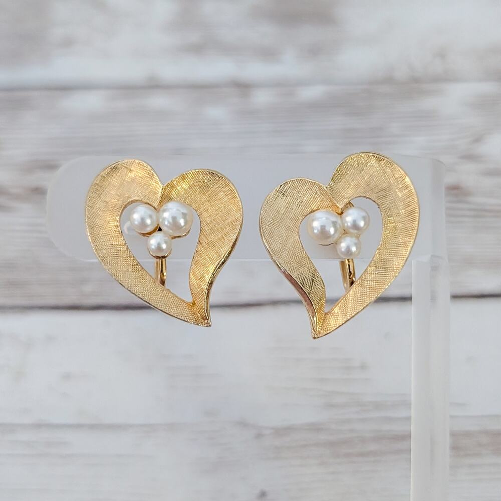 Vintage Screw On Earrings Large Heart with Faux Pearl Statement